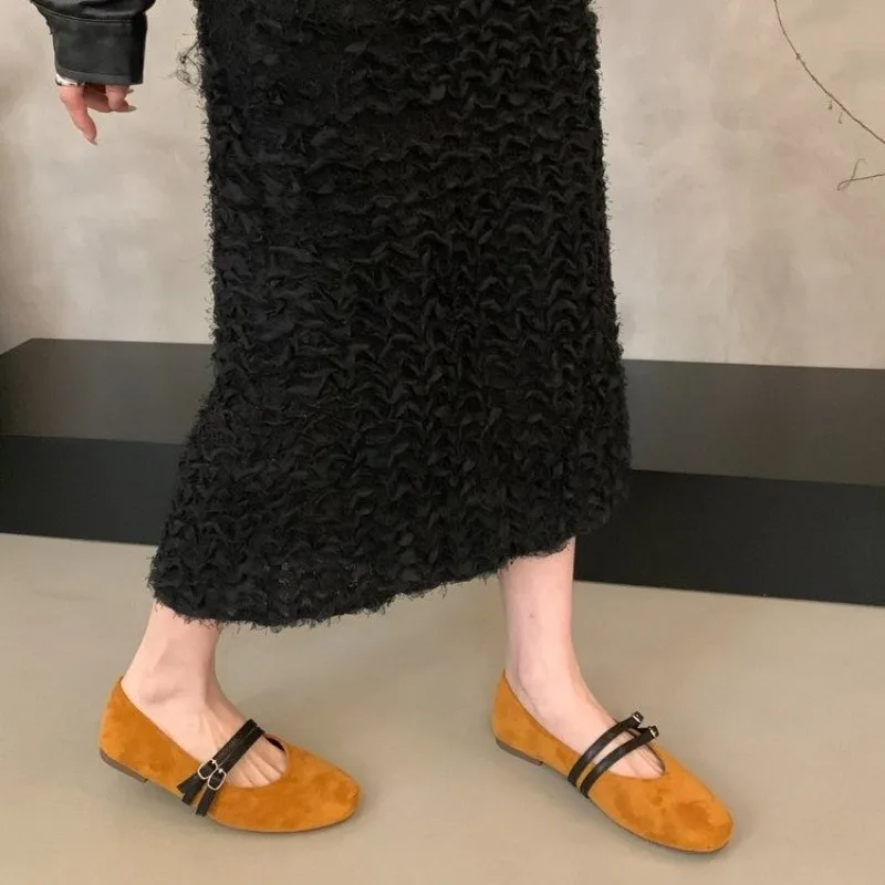 Metal Button Block Heel Single Shoes Fashion Round Toe Shallow Mouth Slip-on Soft Sole Non-Slip Low Top Shoes