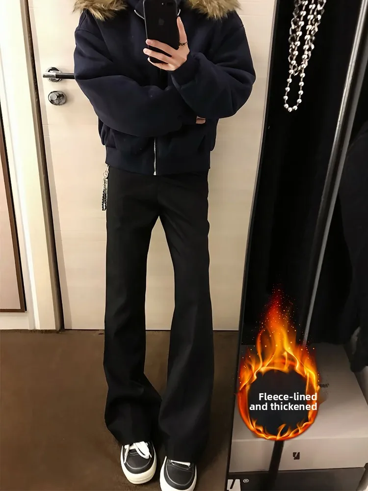 

Мужские зимние джинсы Bla Fce с подкладкой, зауженные, прямые, удлиненные, в американском стиле High Street, с расклешением от колена