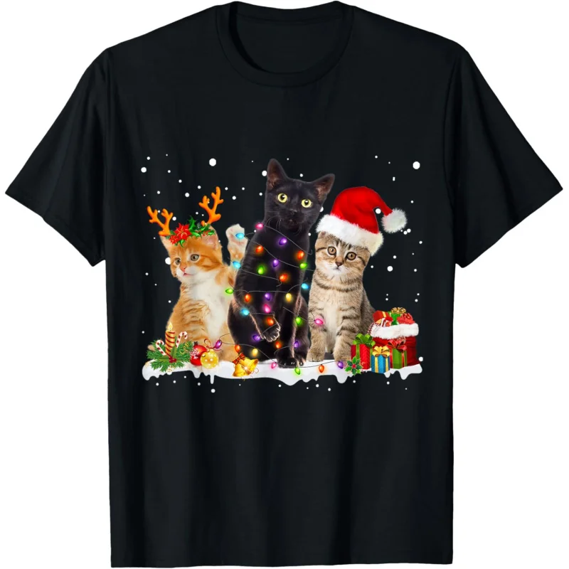 Santa Cat Light Precioso pijama de reno Camiseta navideña para amantes de los gatos