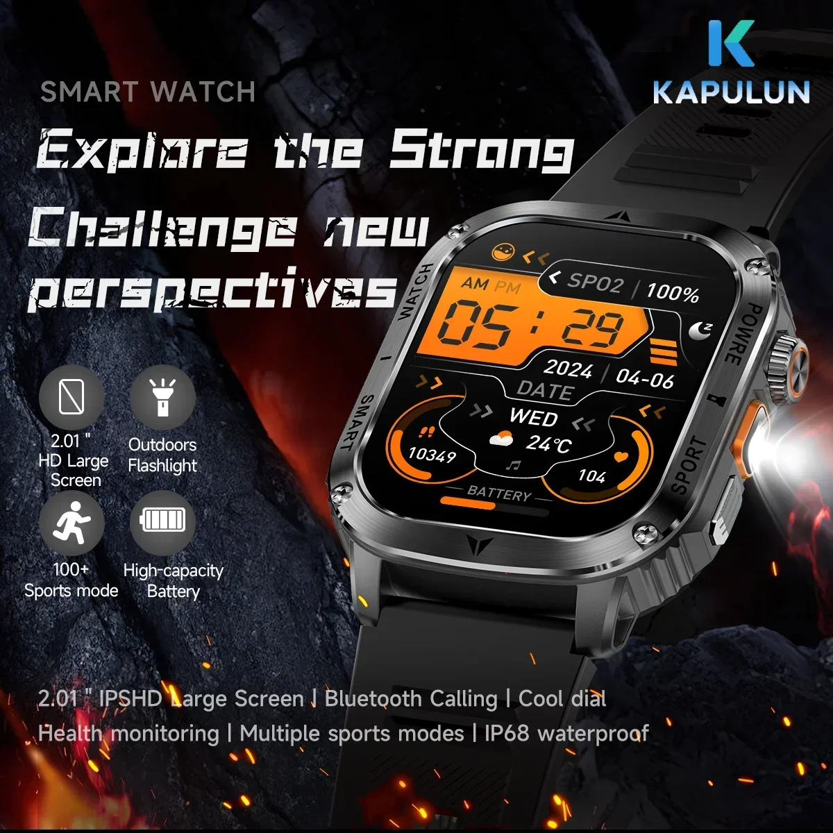 

KAPULUN AK80 2,01 "HD светодиодный фонарик с большим экраном, уличный IP68, водонепроницаемые, мультиспортивные, Bluetooth-вызовы, умные часы для мужчин и женщин