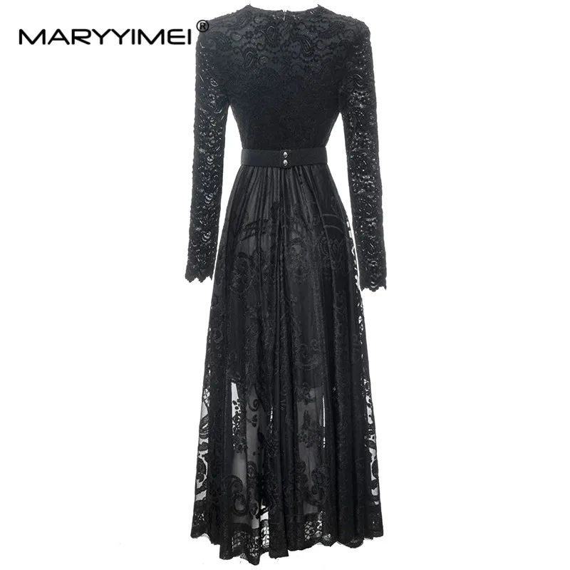 MARYYIMEI New Fashion Runway Designer Women's V-Neck Long Sleeve Detachable Belt Embed Beading Black Embroidered Vintage Dress