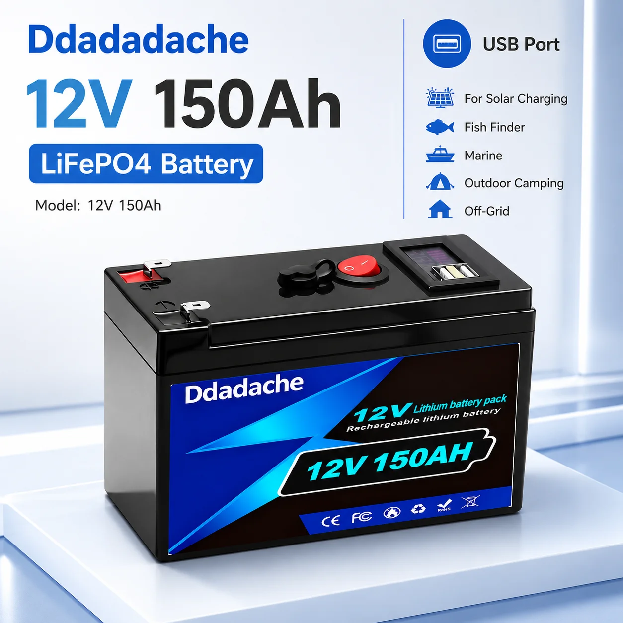 Batterie LiFePO4 12V 150Ah à décharge profonde 1920Wh avec BMS intégré pour stockage solaire domestique, camping-car, marine, hors réseau, camping, pack lithium 18650 avec port USB
