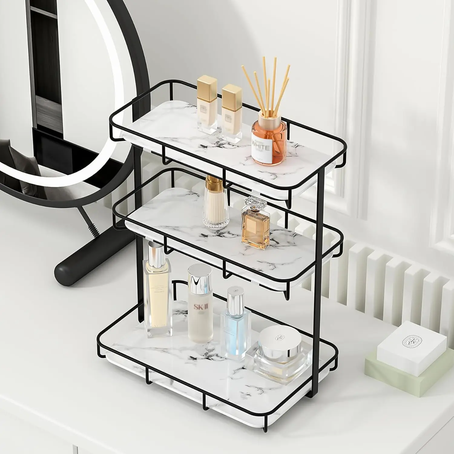 

Gold & White Marble Bathroom Organizer | Stainless Steel Vanity Tray, Perfume & Makeup Storage Shelf