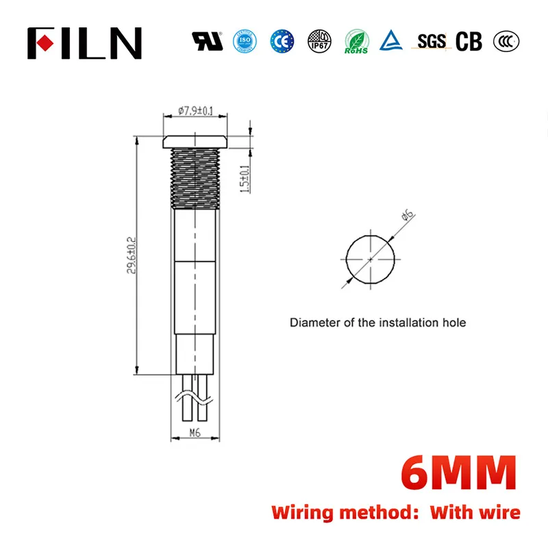 FILN 1PC IP65 6mm LED Waterproof Metal Indicator Light Signal Lamp with Wire 12VRed/Yellow Light Miniature Indicator Light
