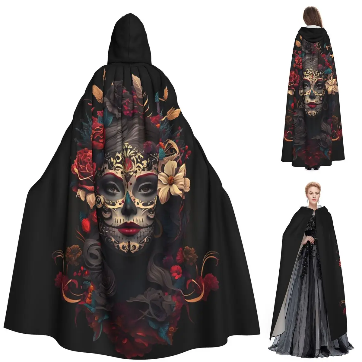 Catrina mexicana para niña, Día de los muertos, calavera de azúcar, capa larga con capucha, disfraz Medieval de bruja, capa de Cosplay, Halloween, vampiro, Unisex