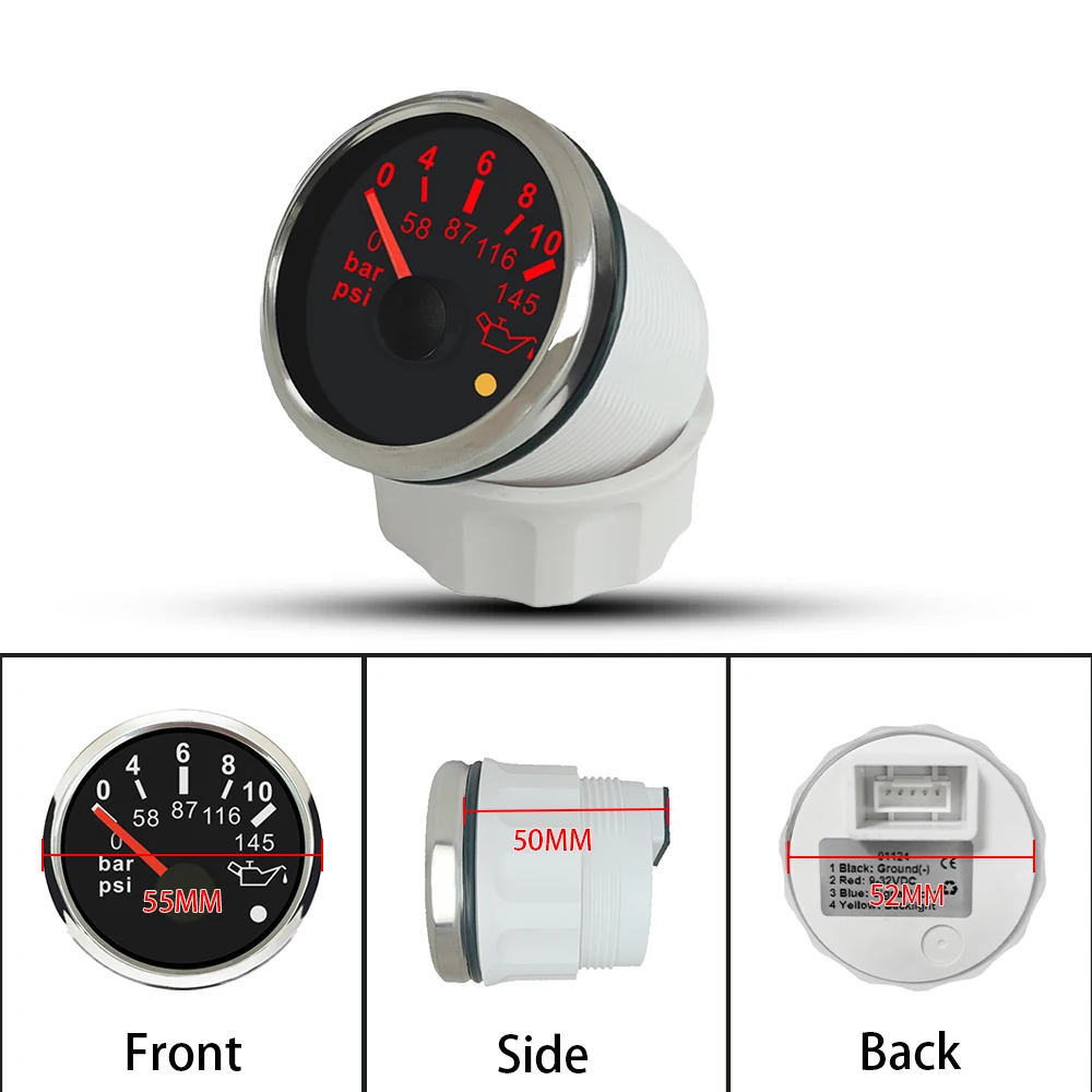 

Rhaxel 52 мм (2 дюйма) манометр масла 0-5 бар 0-73PSI 0-10 бар 0-145PSI с красной подсветкой и сигнализацией 12 В 24 В для легковых яхт