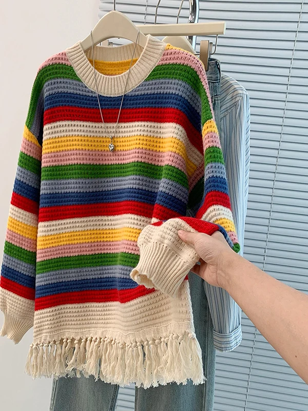 

Повседневный свободный свитер в радужную полоску с кисточками, пуловер Thiened, круглый трикотаж для женщин, осень-зима, новый Sle, большие размеры