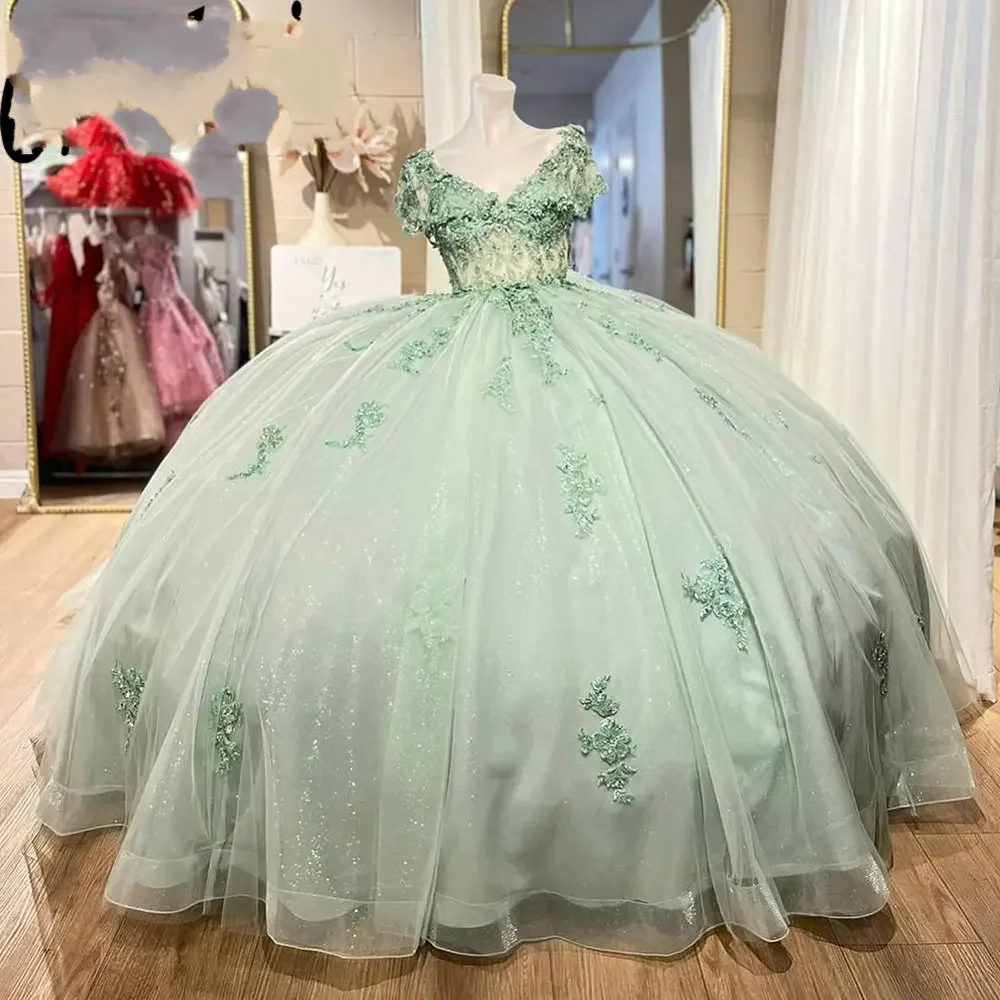 

Angelsbridep Mint Green Illusion Ball Gown Quinceanera Dresses With Bow Off Shoulder Beading Appliques Lace Sweet 15 Birthday