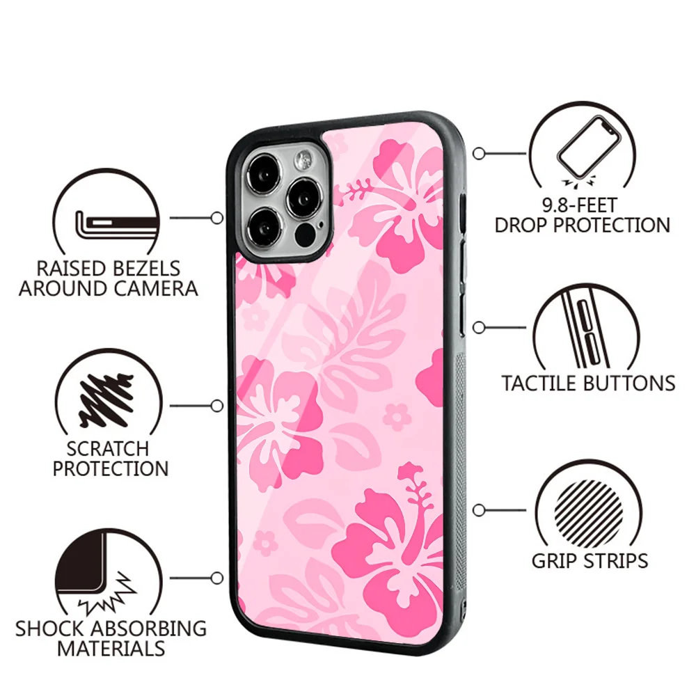 Pink Hibiscus Retro Hawaiian Flower Phone Case For IPhone 11 12 13 14 15 Plus Pro Max Mirror Acrylic PC TPU Cover