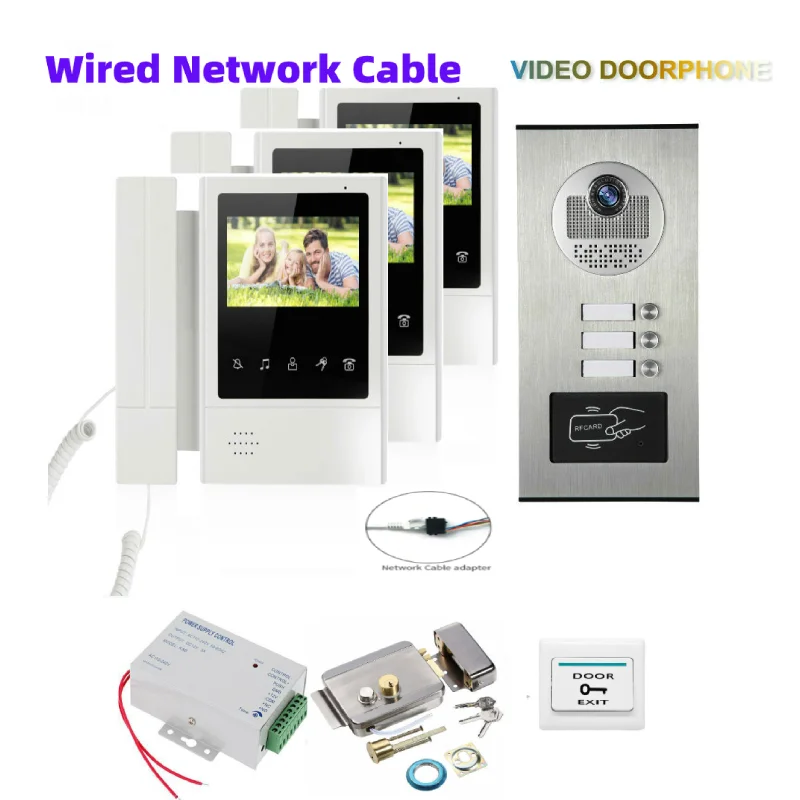 

SmartYIBA 4.3" Multi Units Apartment Video Doorphone 3 Buttons Intercom+3 Monitors Kits Network Cable Connect Doorbell