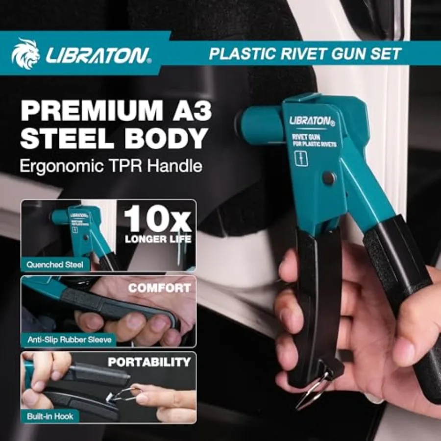 90度角度プラスチックリベットガンキット、4種類のサイズのナイロンリベット40個付き、自動車および電子機器用途向けユニバーサルノーズピース