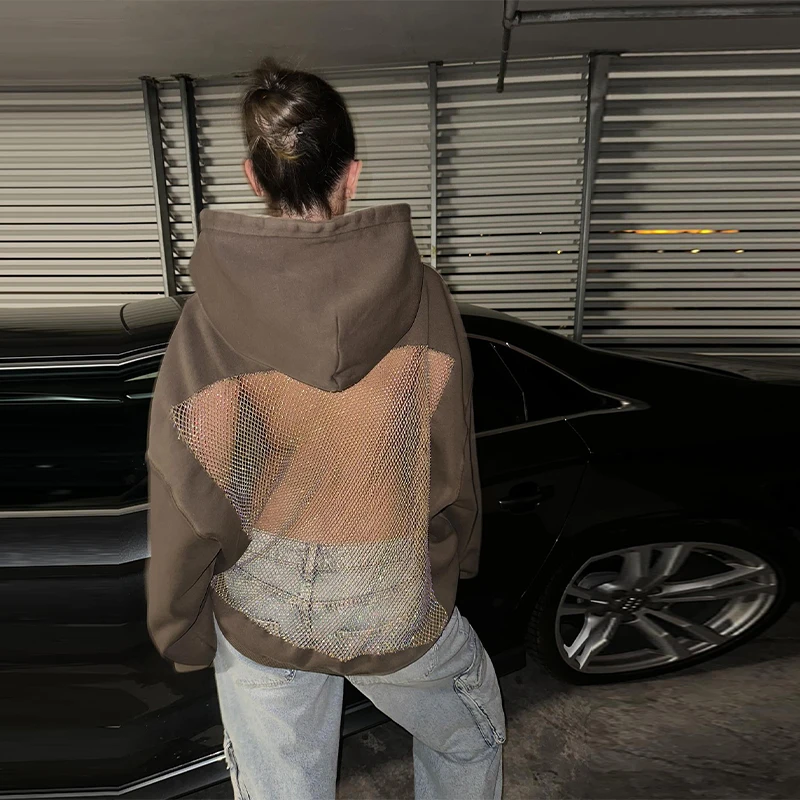 مثير جوفاء شبكة هوديي المرأة عارية الذراعين كم طويل القوطية البلوز لامعة شفافة Y2K البلوز 2025 سيدة جديدة فتاة حار #4