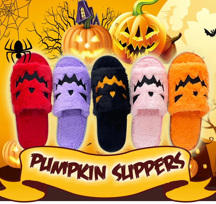 

TreasuringU Halloween Pumpkin Lantern Slippers Soft Furry Comfort Open-Toe Slides Outdoor Fuzzy House Slippers Party Shoes