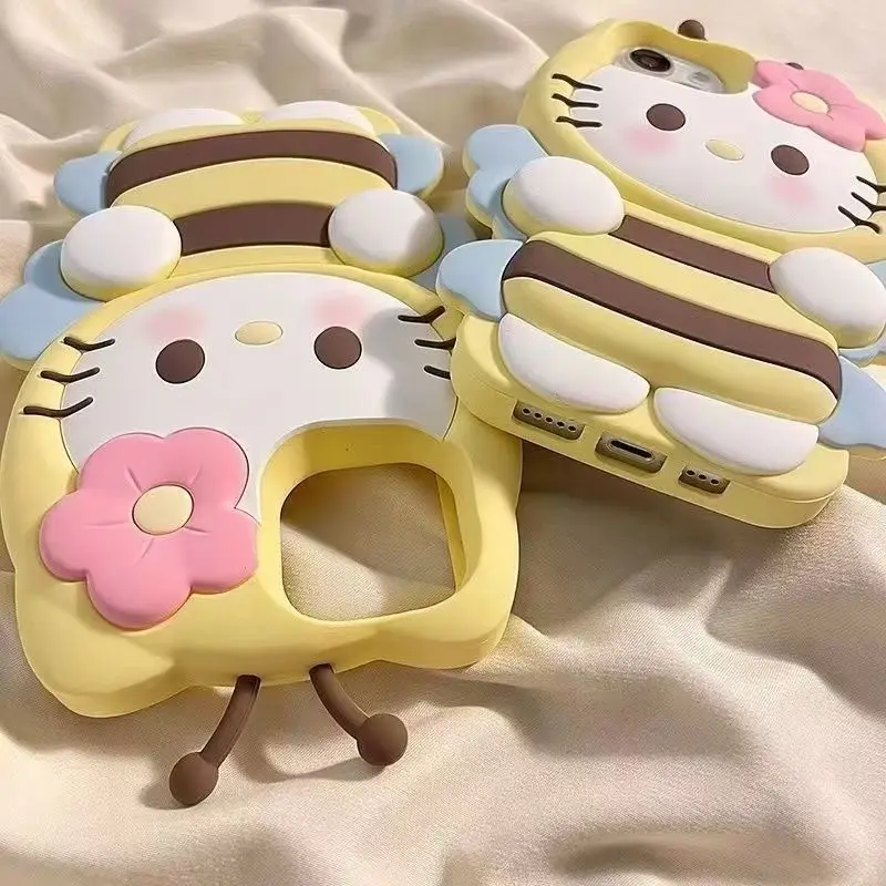 Sanrios Bee Hello Kittys Cartoon All Inclusive Mobile Phone Case New Cute Girls Anti Fall Silicone Mobile Phone Protective Case