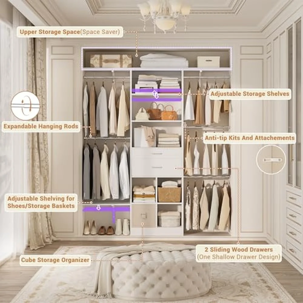 5FT Closet Organizer System with Wooden Drawers 60 Inches Walk In Closet System With 5 Hanging Rods Can Fit 1.58 to 6.8