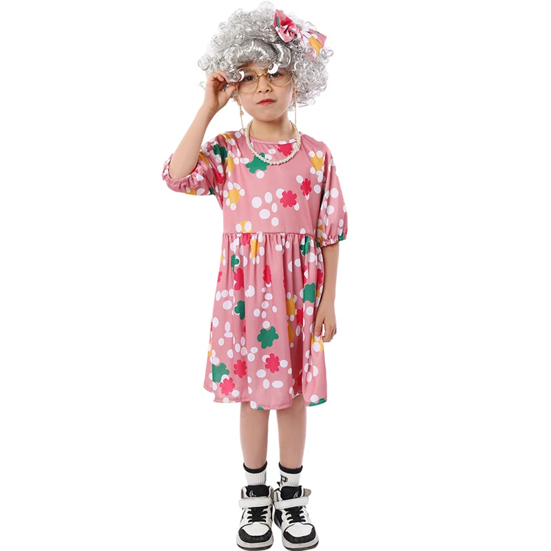 Bambini bambini nonna Costume Cosplay Old Lady Fantasy Dress parrucca Cane abiti Halloween Carnival Party Stage Performance Suits