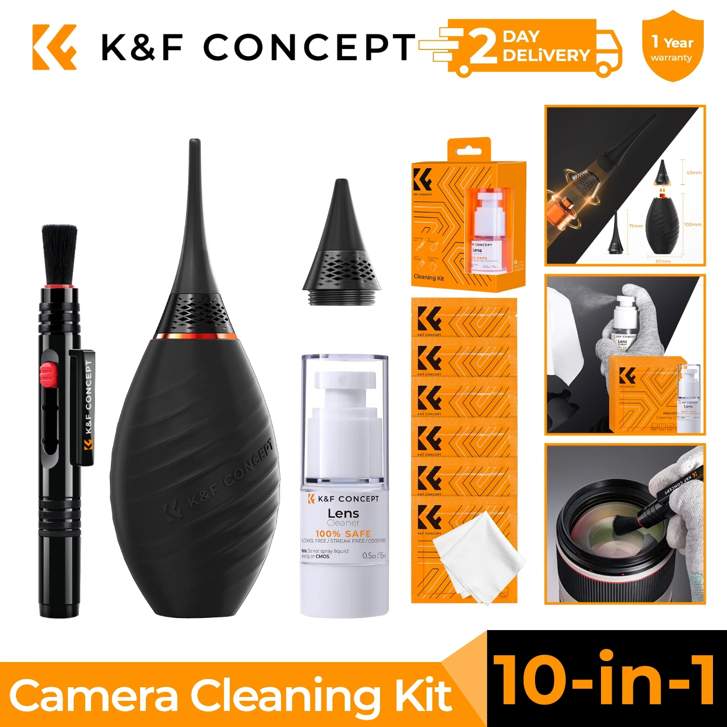 

K&F Concept Комплект для чистки камеры 10 в 1, ПК с короткой насадкой для воздуходувки, длинной насадкой, ткань для чистки * 6, чистящая ручка, очиститель 15 мл