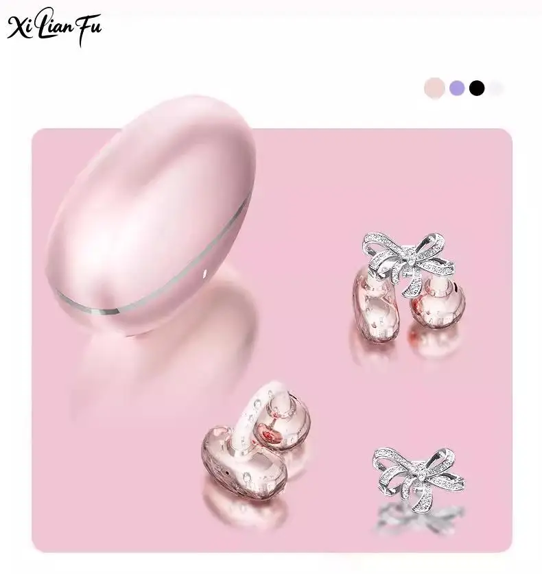 سماعات أذن بمشبك لاسلكية تعمل بالبلوتوث مع أقراط على شكل فيونكة كريستالية قابلة للفصل، للرياضة واللياقة البدنية والتدريبات