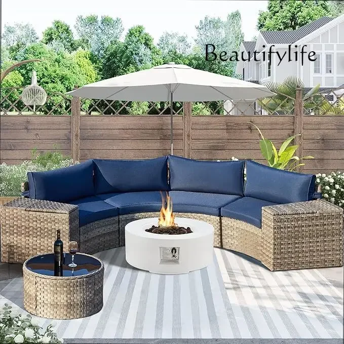 dY BJ 7-piece All-weather PE Willow Half Moon Terrace Sofa Set, Including Tempered Glass Round Table, Cushion Sofa Set