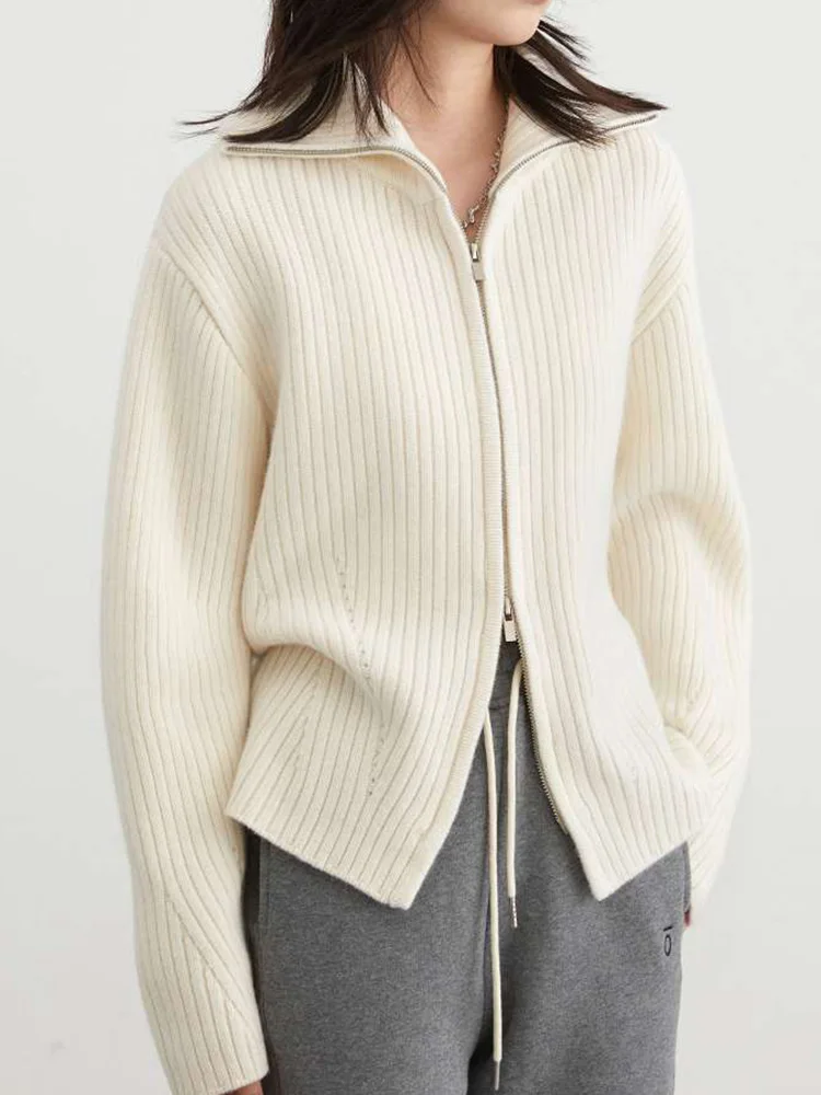 

Vintage Double Zipper Cardigan Sweaters Women Loose Streetwear Lazy Wind Knitted Jackets Retro Long Sleeve Casual Lady Solid Top