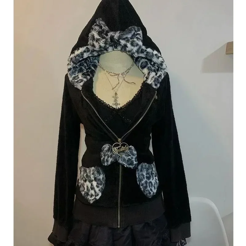 Streetwear Y2KสตรีPullover Hoodie Retro Harajukuสีชมพูเสือดาวพิมพ์Patchworkเสื้อกันหนาวแนวโน้มแฟชั่นกีฬาHoodie Top