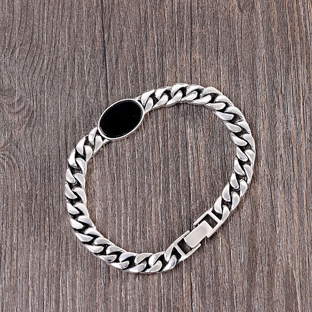 HX Silver Color High-end European and American Trendy Men\'s Inlaid Black Stone Bracelet Simple Fashion Jewelry