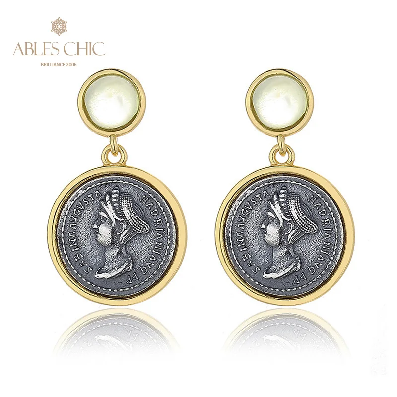 Ables Chic Sabina Wife of Hadrian Greek Coins Solid 925 Silver Roman Coin Natural Olivine Stud Earrings E1026