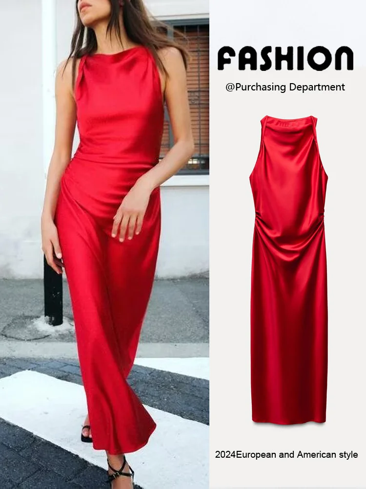 Letnia Nowa Damska Jedwabna Satynowa Długa Sukienka Midi z Wąskim Pasem Wyszczuplająca Okrągły Dekolt Inny 00% Materiał Midi Dr