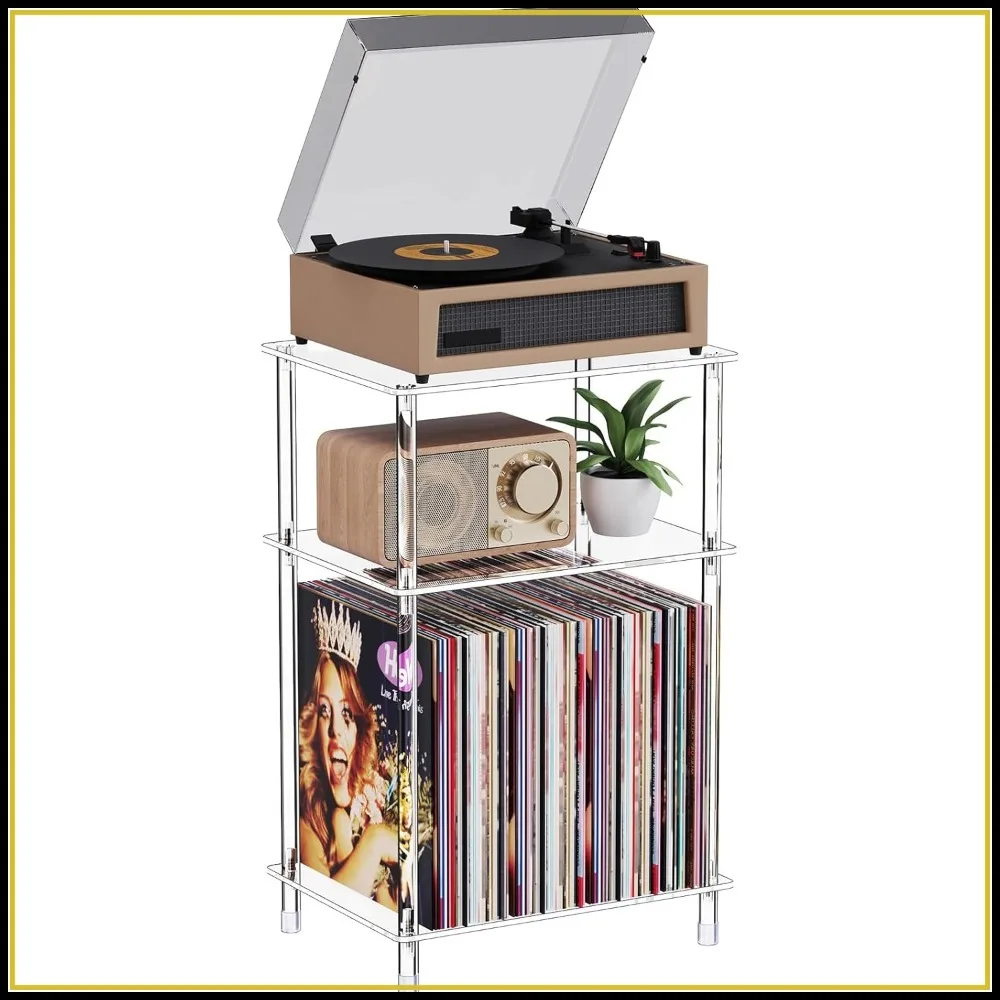 

Clear Acrylic Record Player Stand with Vinyl Storage, 3 Tier Turntable Table, Modern Bedside End Table
