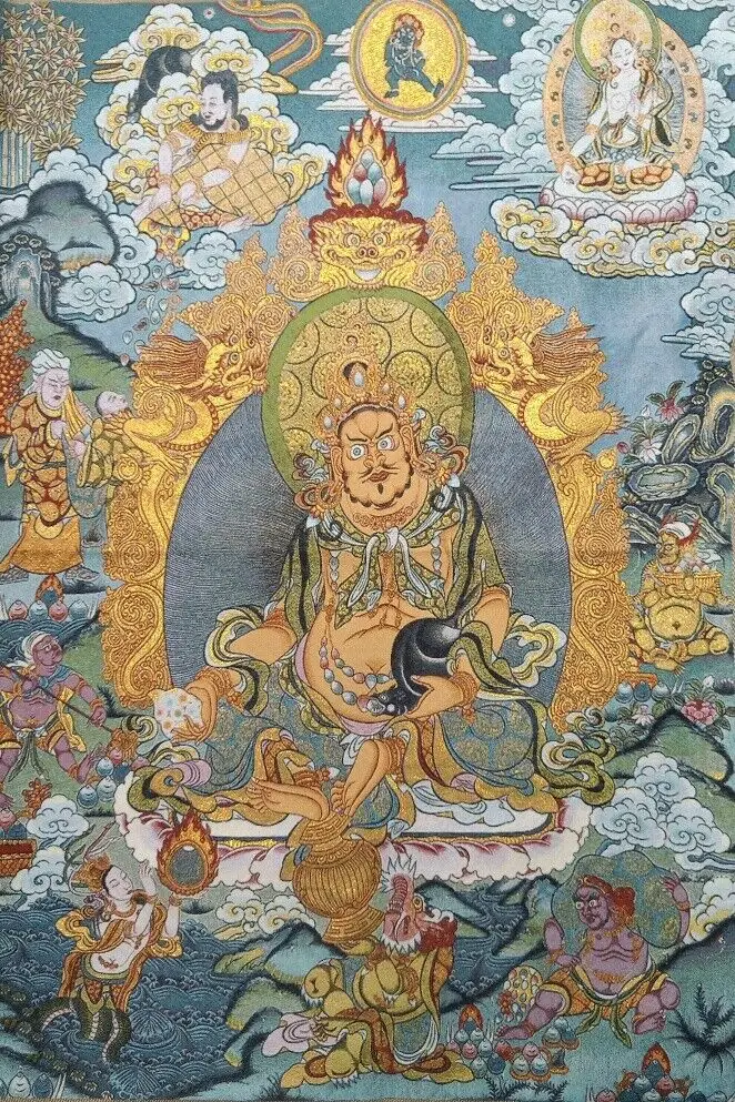 Rare Tibetan Cloth Silk Bon Religion Yellow Jambhala Tangka Mural 36