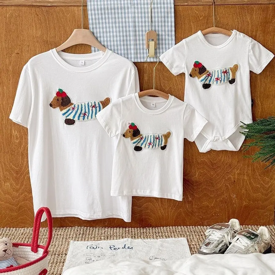 

Family Cotton T-shirts for Girls Boys Mom Dad Summer Matching Clothing Adult Kids Three-dimensional Dachshund Puppy Shirts Tops