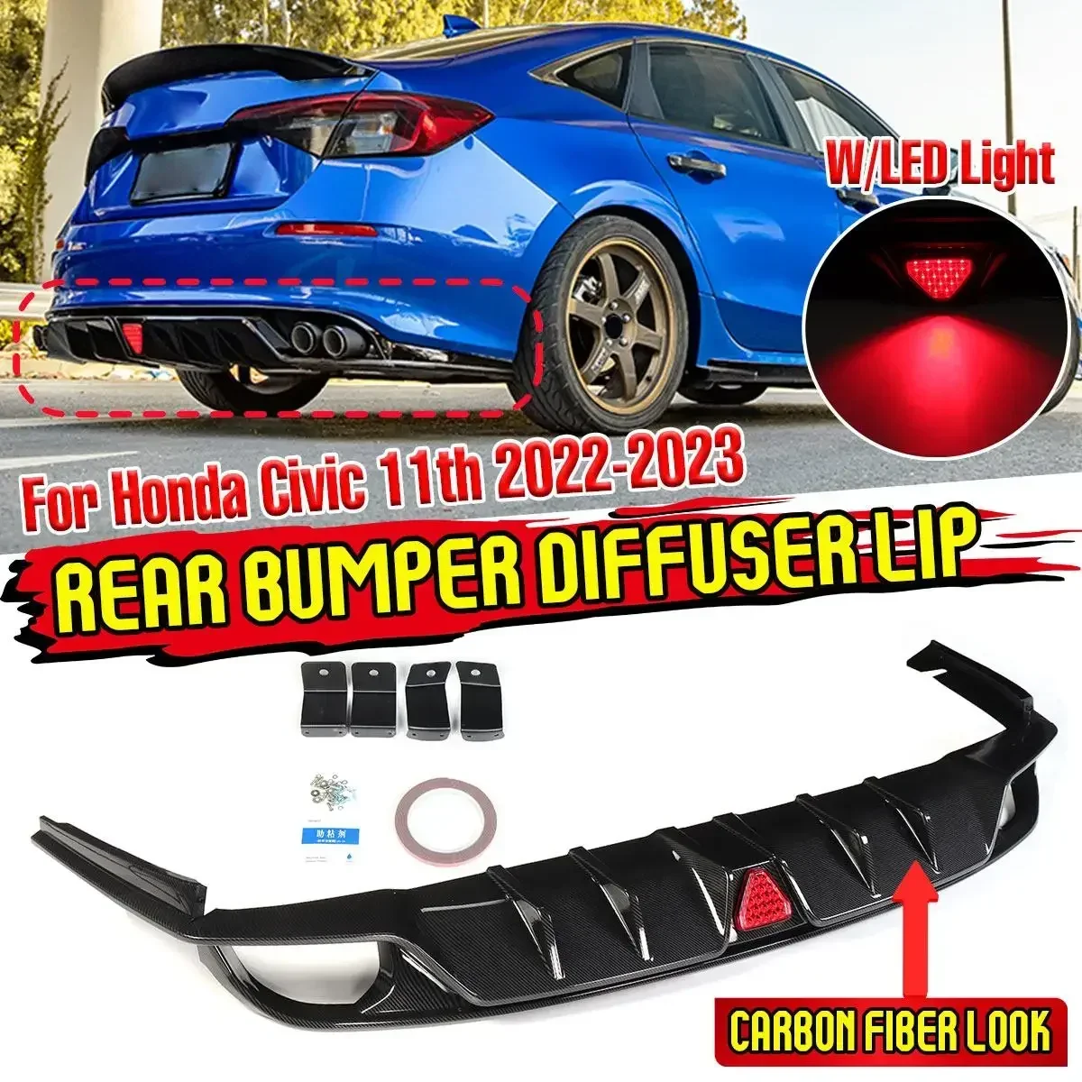 Carbon Fiber Look Rear Bumper Diffuser Lip Spoiler With LED Light For Honda Civic 11th 2022-2023 Car Accessories Body Kit