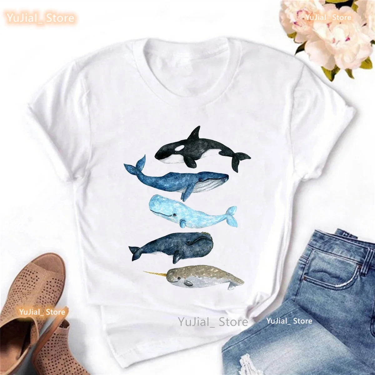 

Funny Dolphin Print Tshirt Women'S Clothing Harajuku Kawaii Clothes Whale Flowers Summer Tops Fashion T Shirt Femme