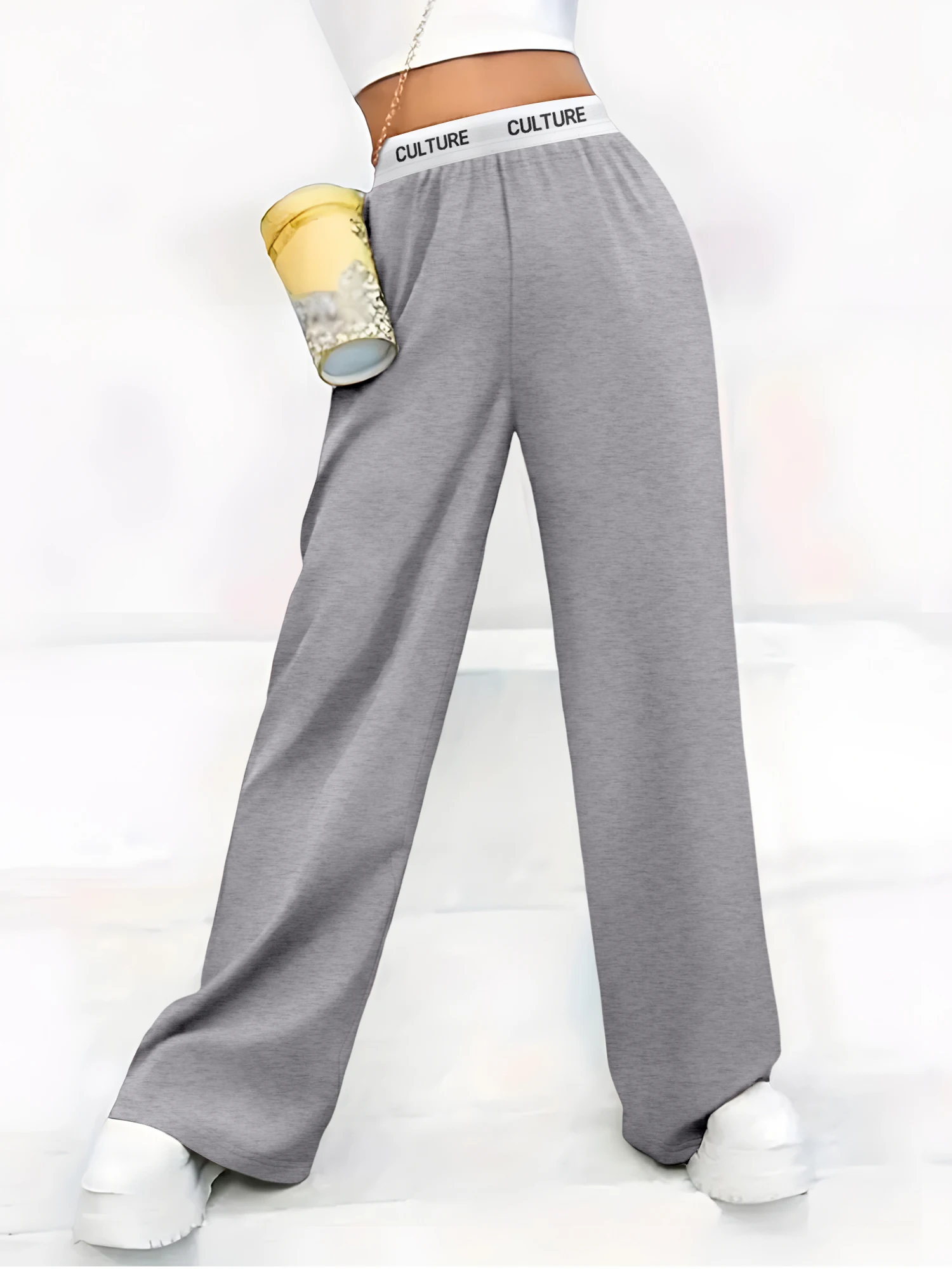 المرأة عالية الخصر واسعة الساق Sweatpants 4 ألوان فضفاضة تناسب "الثقافة" حزام الخصر بناطيل كاجوال #2