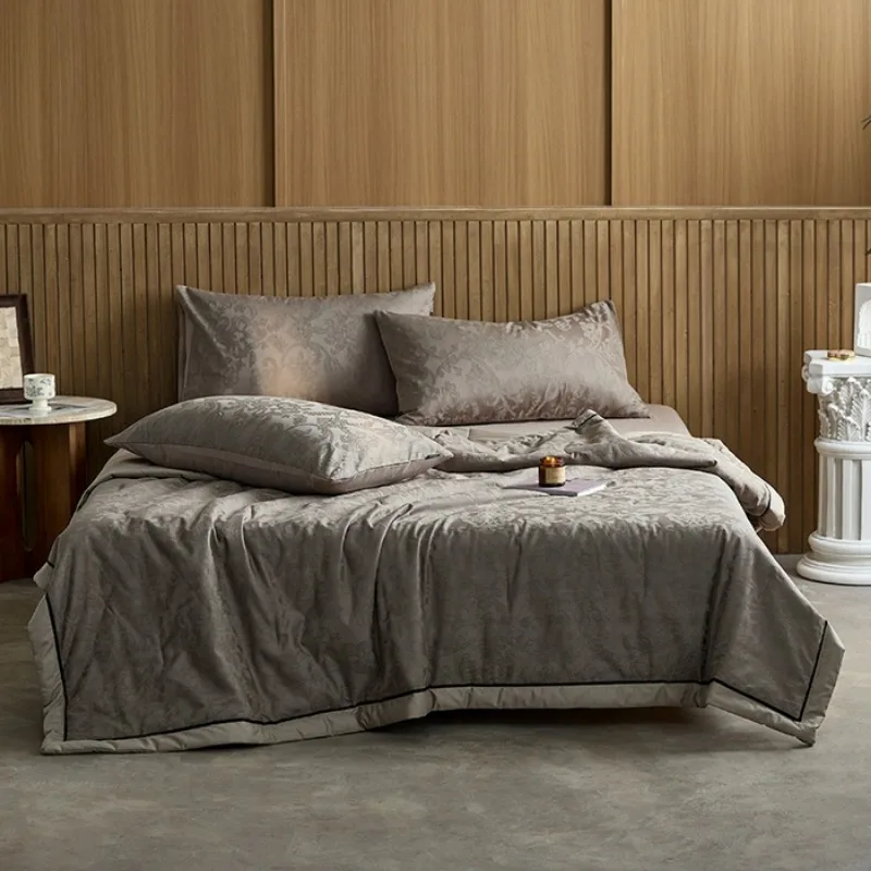 Tridimensional relevo jacquard algodão conjunto de quatro peças cáqui puro algodão high-end americano folha colcha capa de cama
