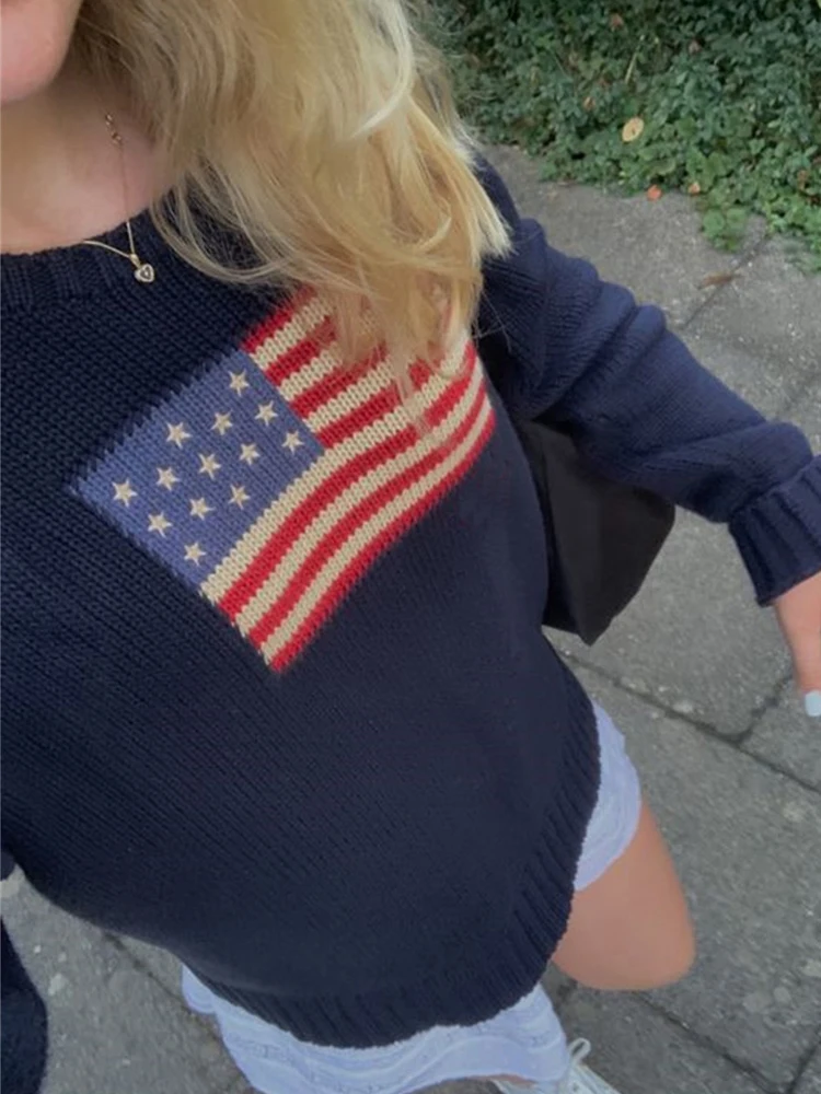 Y2K Women Winter Vintage Ladies Luxury American Flag Knit Sweater Aesthetics Long Sleeve Sweaters Oversize Pullover Tops Clothes