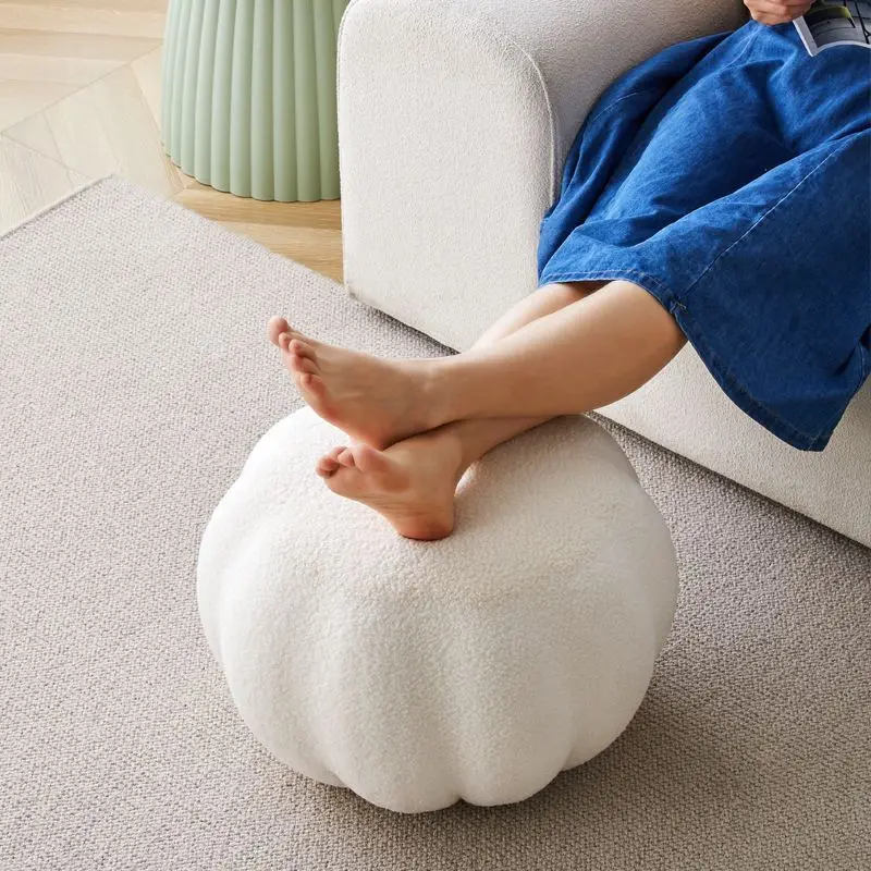 INS Pumpkin Sofa Low Stool Home Simple Teddy Velvet Round Stool Bench Balcony Bedroom Lazy Tatami Footstool Hallway Shoe Stool