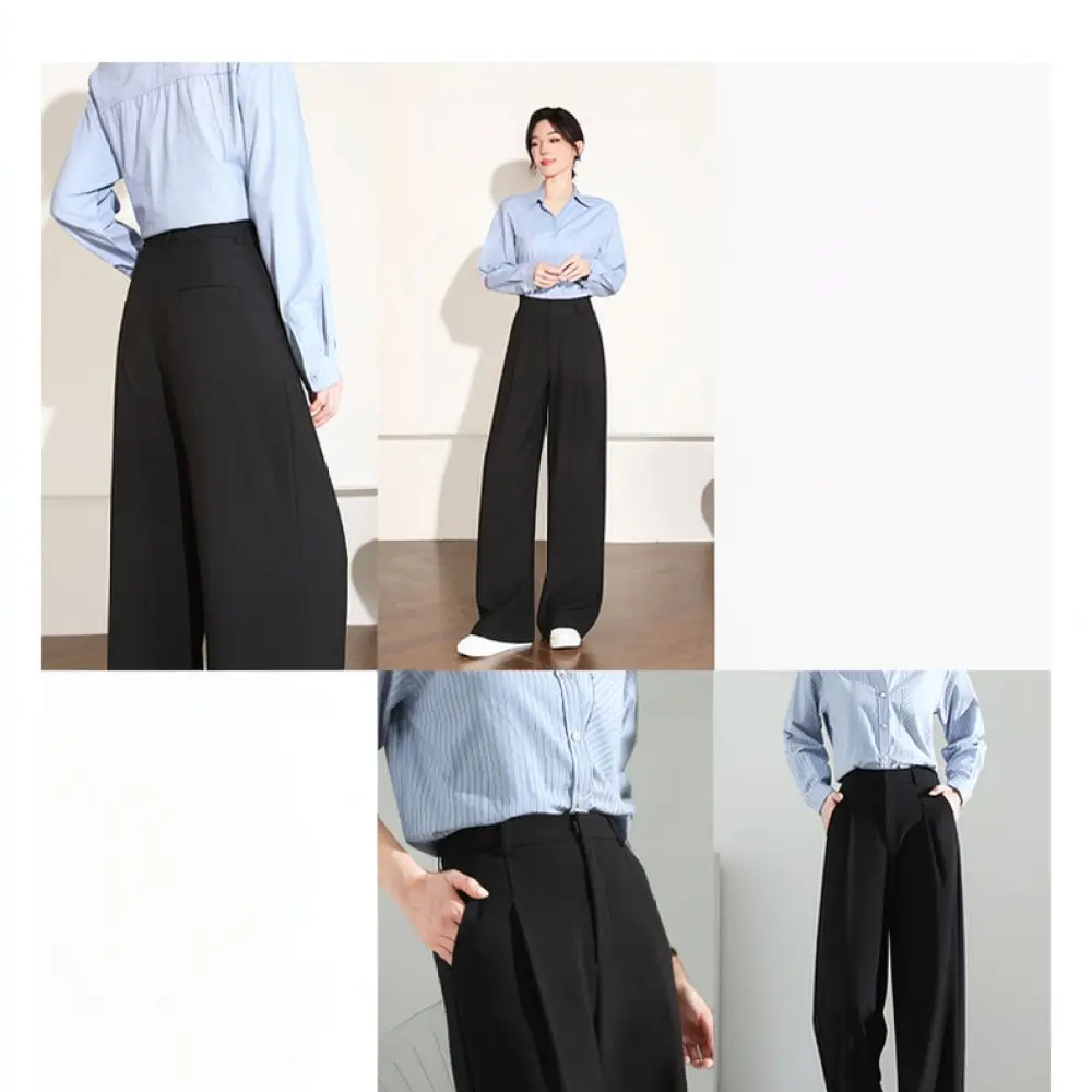Women Black Wide Leg Trousers High Waist Loose Drape Pants Spring Summer Casual Daily Commuter Elegant Fashion Apparel