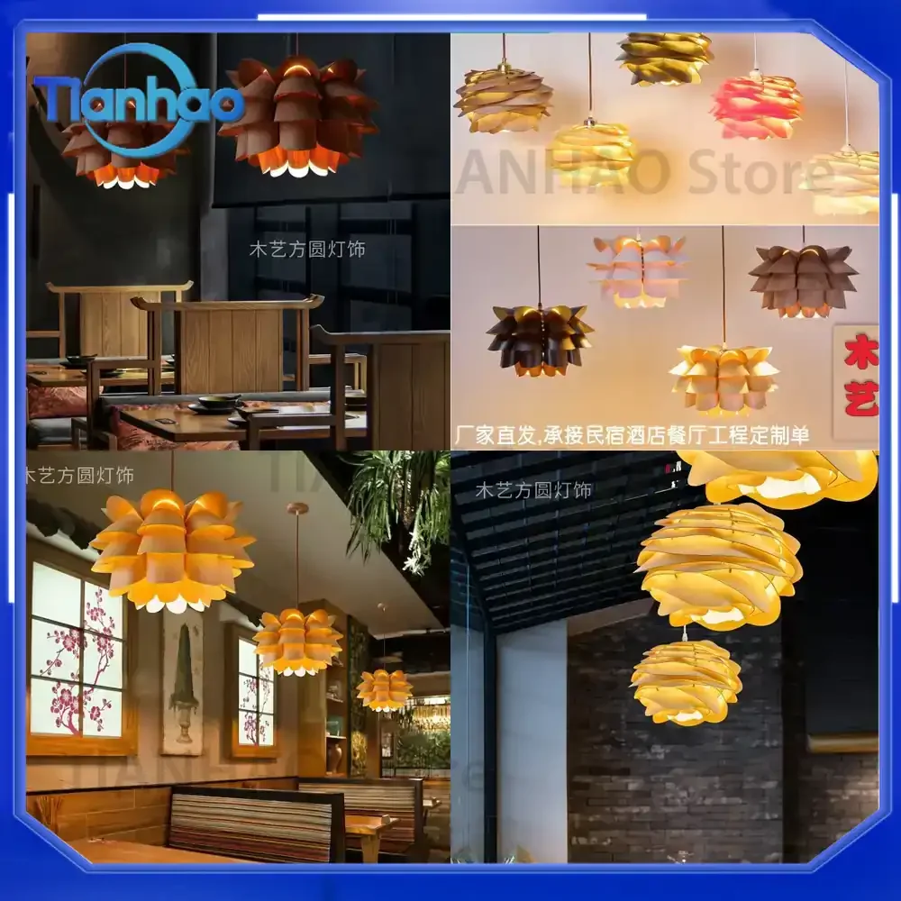 Wood Art Restaurant Chandelier for Internet Celebrity Rose Pine Cone Lamp Personalized Creative Flower Petal Modeling Lamp