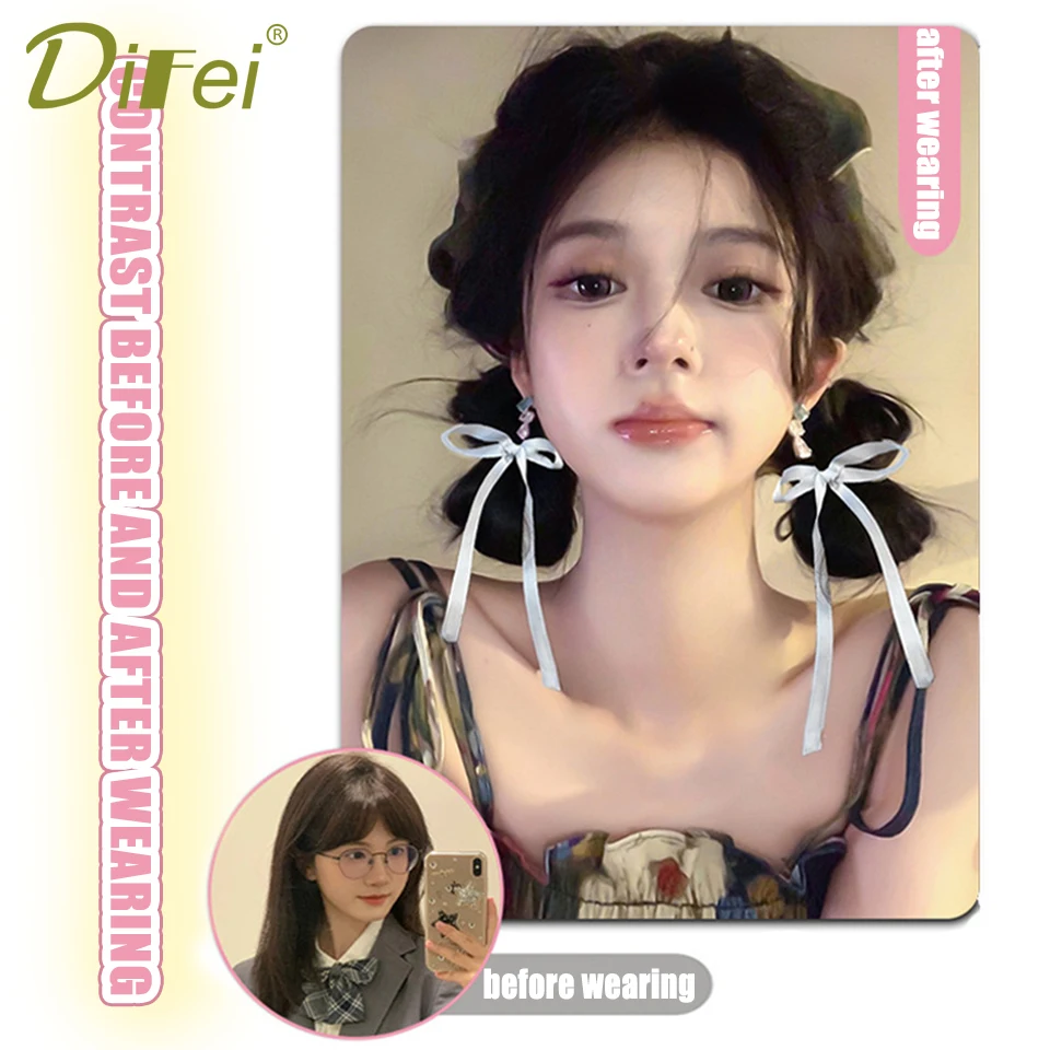 DIFEI Ribbon Ball head Synthetic Wig Female Pair With Summer Sweet Girl Ribbon Bud Double Ball Lazy Ribbon Contracting Ball Head