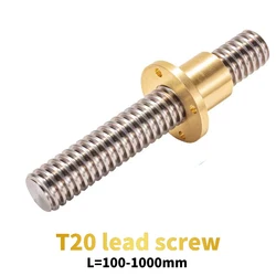T20 Lead Screw T20 Trapezoidal Rod Screw with Brass Nut Pitch 4mm Lead 4mm/8mm Stainless Steel 100mm-1000mm 3D Printer CNC Parts