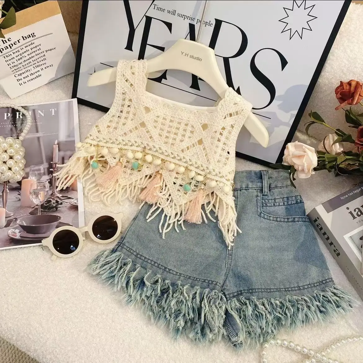 Girls Strap Summer Set 2026 New Fashionable Girl Baby Tank Top Children Denim Shorts Three Piece Set