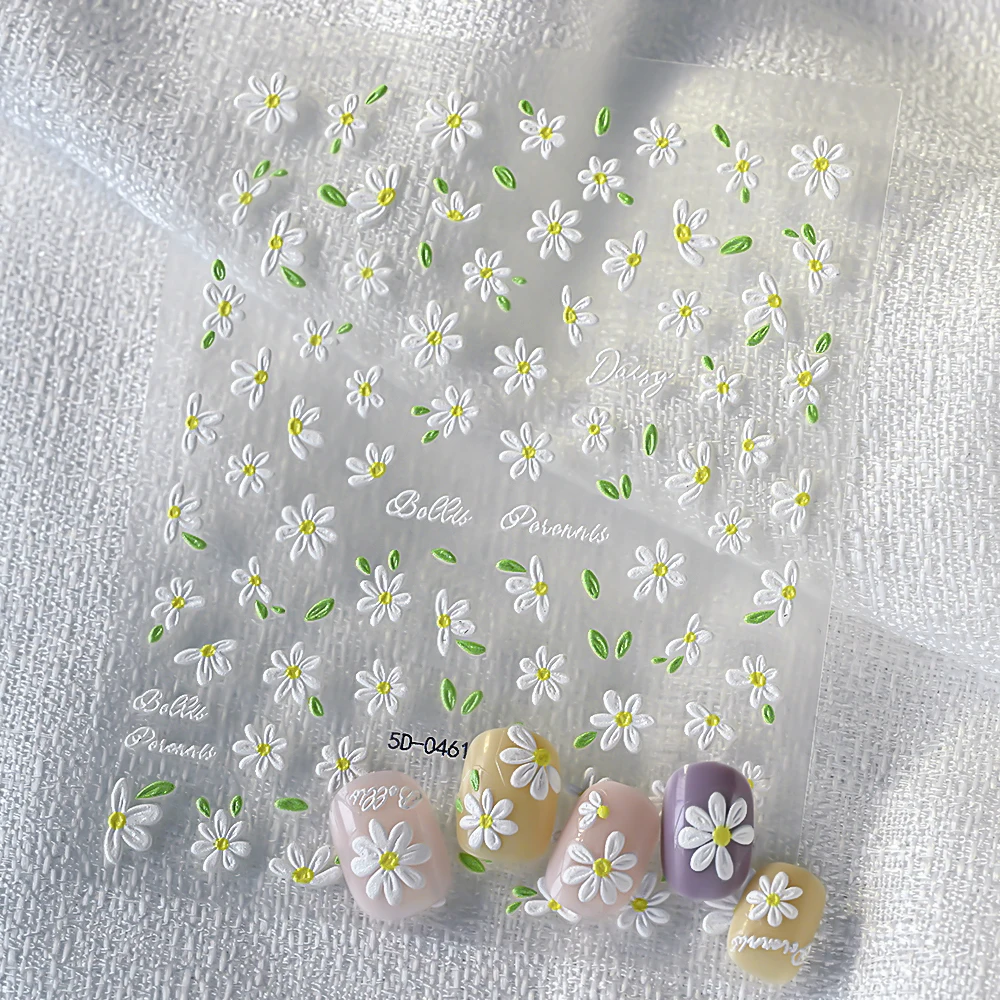 2 Stück 5D weiße Gänseblümchen Design Nail Art Aufkleber geprägte Gänseblümchen Blümchen grünes Blatt Nail Art Aufkleber DIY Frühling Sommer Dekor Aufkleber – Detail 8