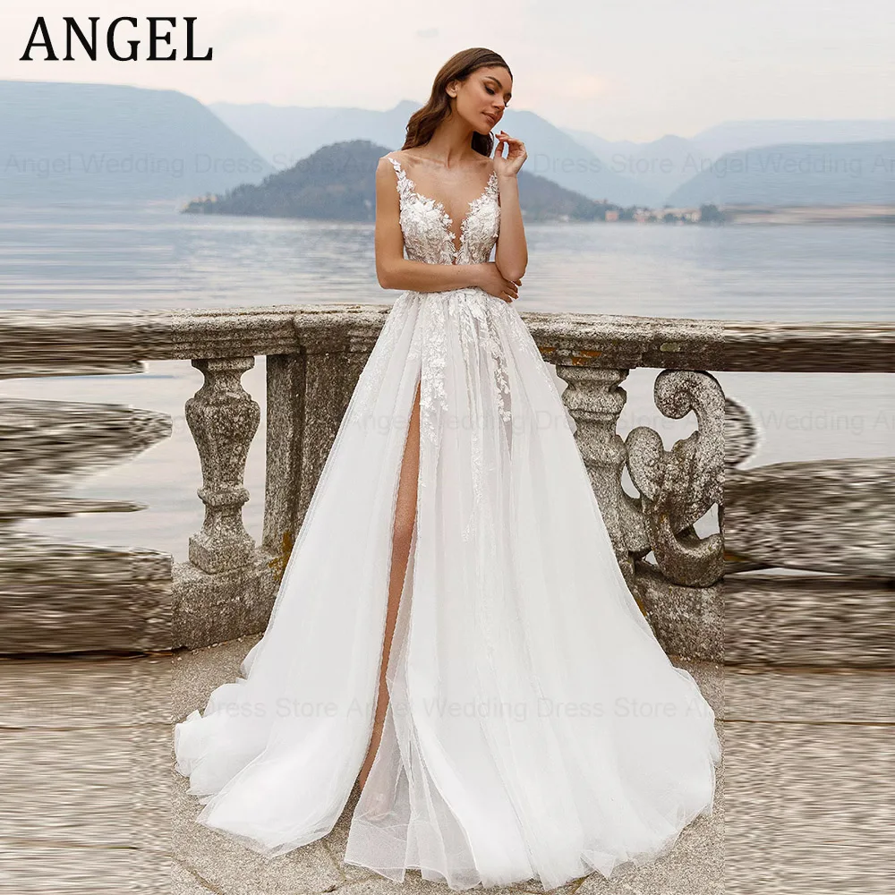 

ANGEL Spaghetti Straps Wedding Dress For Women Tulle Sexy High Split Scoop-Neck Bridal Gown Illusion Backles Vestido De Noiva