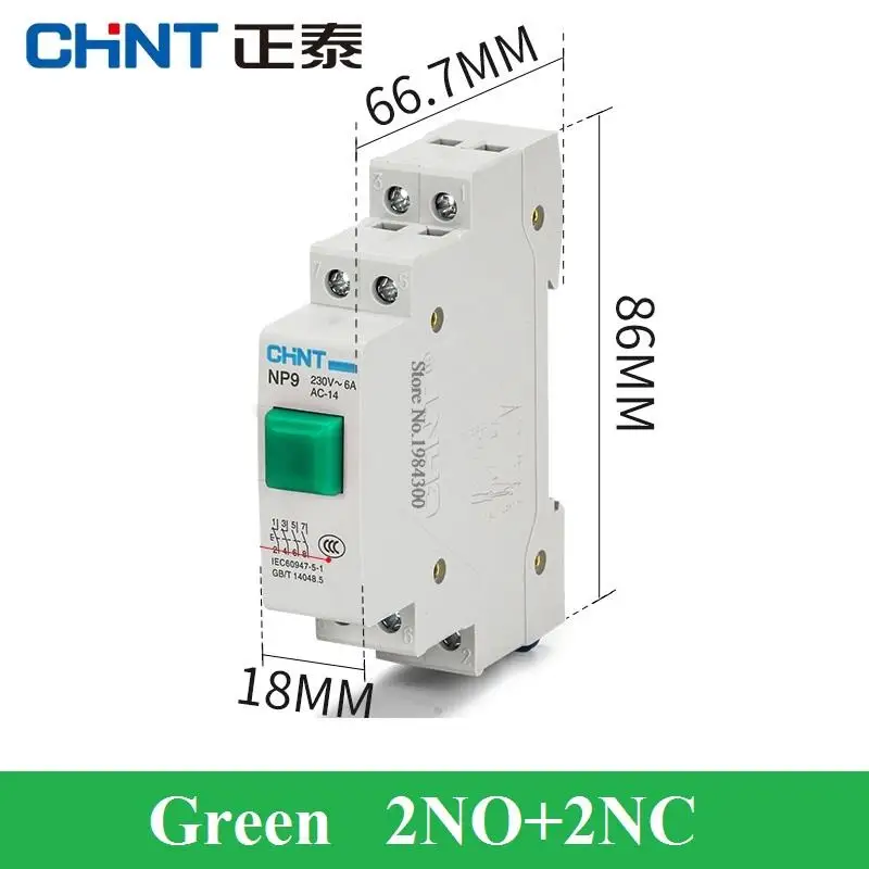 CHINT NP9 AC DC 220V 24V Push Button Card Din Rail Button Switch Reset With Moving Signal Light Led 2NO 2NC Pushbutton Switch