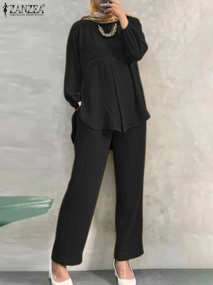 

ZANZEA Fashion Solid Muslim Suit Long Sleeve O-Neck Blouse Loose Trousers 2pcs Elegant Party Matching Sets Vintage OL Outifits
