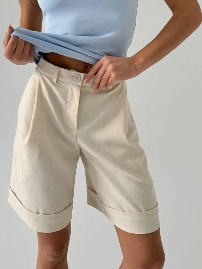 High Waist Straight Leg Shorts with Cuffed Hem European Style Women's Business Pants High Waist Roll up Short Pants