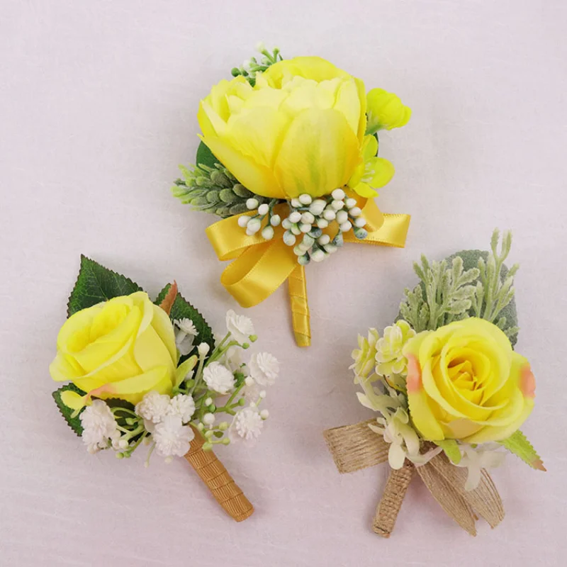 Flores artificiales amarillas, Boutonnieres, ramillete de muñeca, broche para hombres, accesorios de boda para fiesta