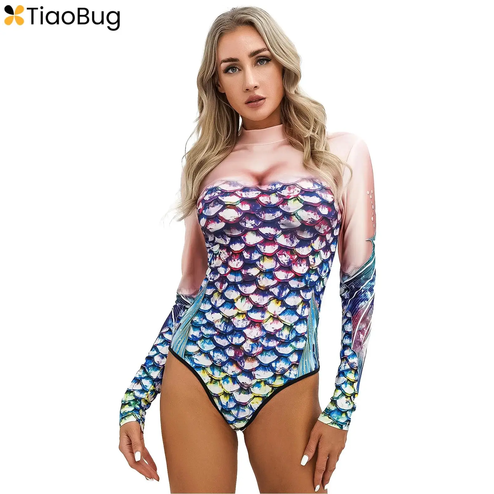 

Womens Fish Scales Print Bodysuit Swimsuit Summer Long Sleeves Zipper Jumpsuit Swimming Bathing Surfing Swimwear Party Clubwear