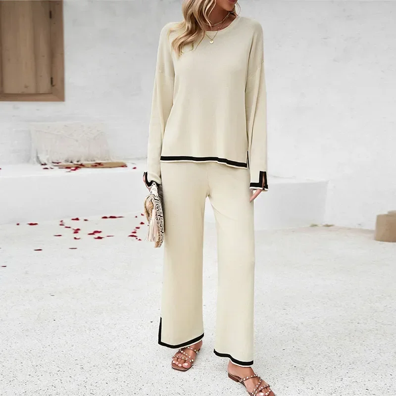 Women Fall Two-piece Set Loose Long Sleeve Tops Elastic Band Pants Patchwork Split Top and Casual High Waist Wide Leg Pants Suit